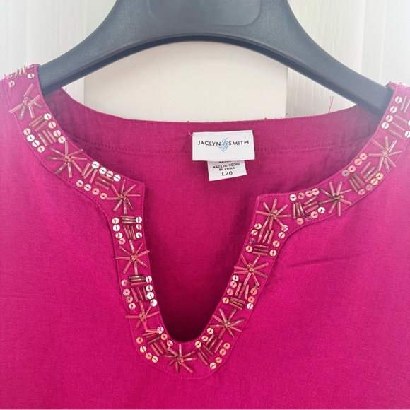 Jaclyn Smith Women's L Raspberry Red Sequin Beaded V-Neck 3/4 Sleeve Tunic Top - Picture 7 of 12